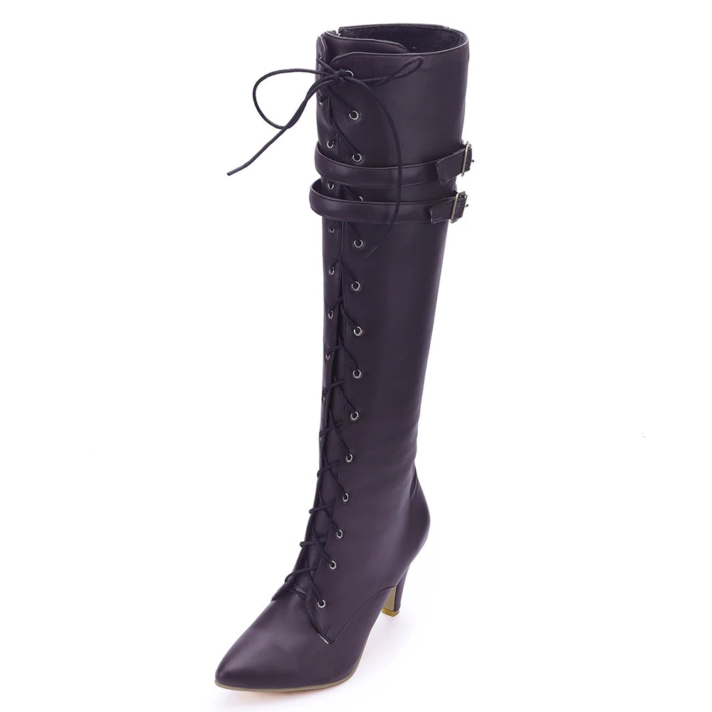 Oversized Pointed Toe Cross Lace-Up Boots Sexy Cat Heel Double Belt Buckle Motorcycle Boots Street Trend Female Knee-Length Boot