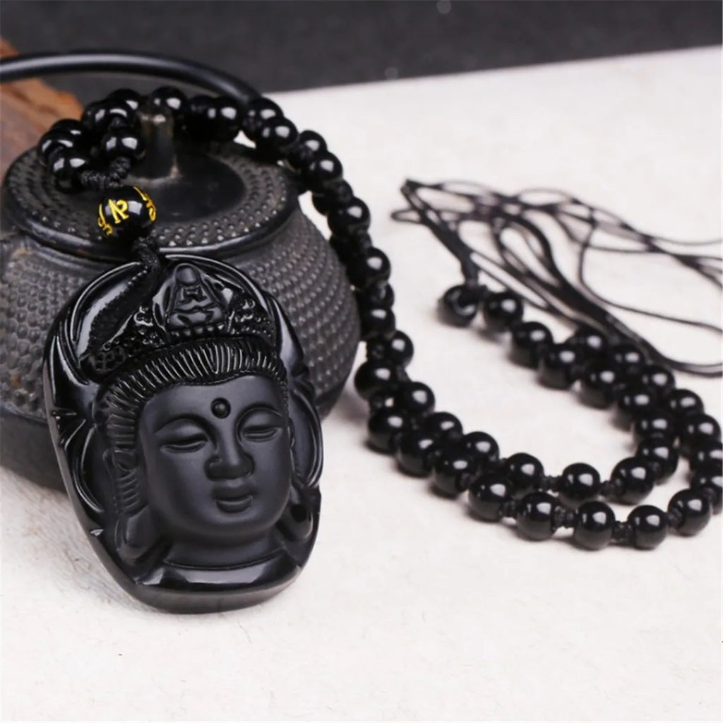 Natürlicher schwarzer Obsidian geschnitzter Jade Guanyin Buddha Kopf Glücksbringer Talisman Halsketten-Anhänger Geschenk