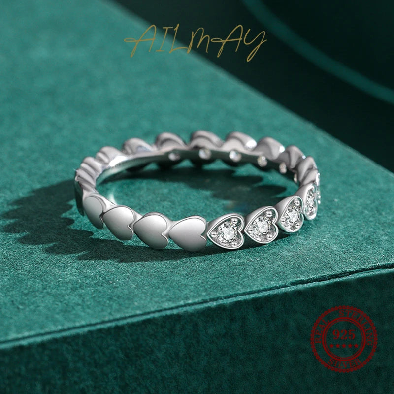 Ailmay Outentieke 925 Sterling Silwer Blink Deursigtige Sirkoon Romantiese Hart Stapelbare Vingerrring Vir Vroue Trou Verloof Juweliersware