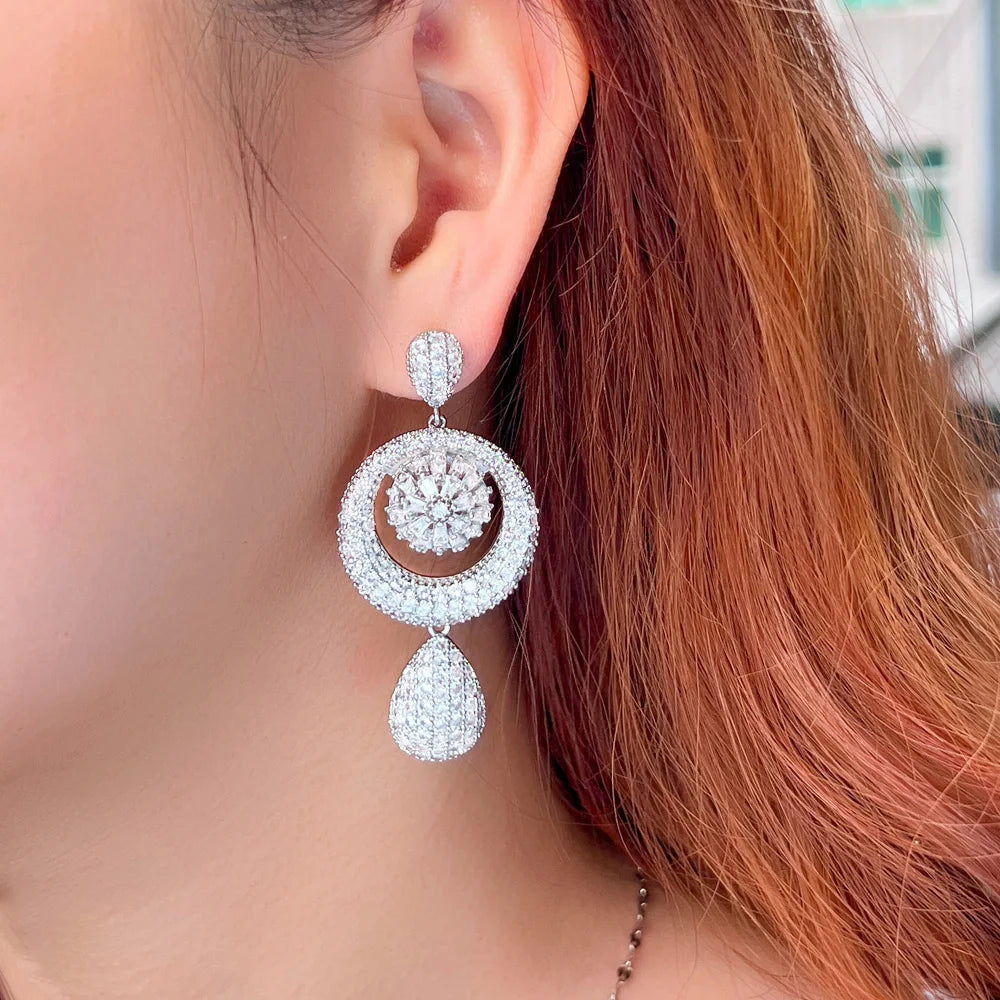 2023 New Dangle Water Droplets Silver Platinum Cubic Zircon Oversized Large Long Wedding Earrings for Brides African CZ Jewelry