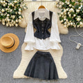 Vintage 3 Piece Set for Women Puff Sleeve Tunic Top And Denim Skirts Suit Ropa Wholesale