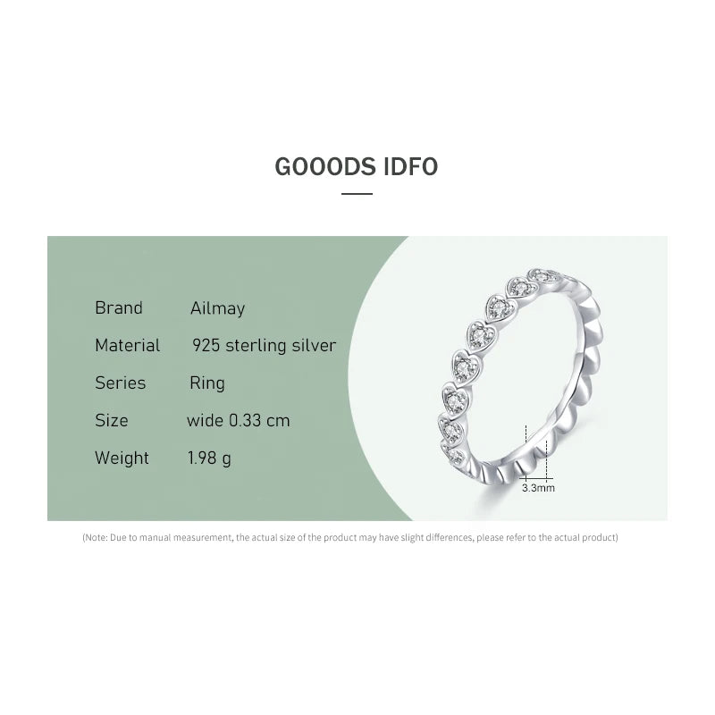 Ailmay Outentieke 925 Sterling Silwer Blink Deursigtige Sirkoon Romantiese Hart Stapelbare Vingerrring Vir Vroue Trou Verloof Juweliersware