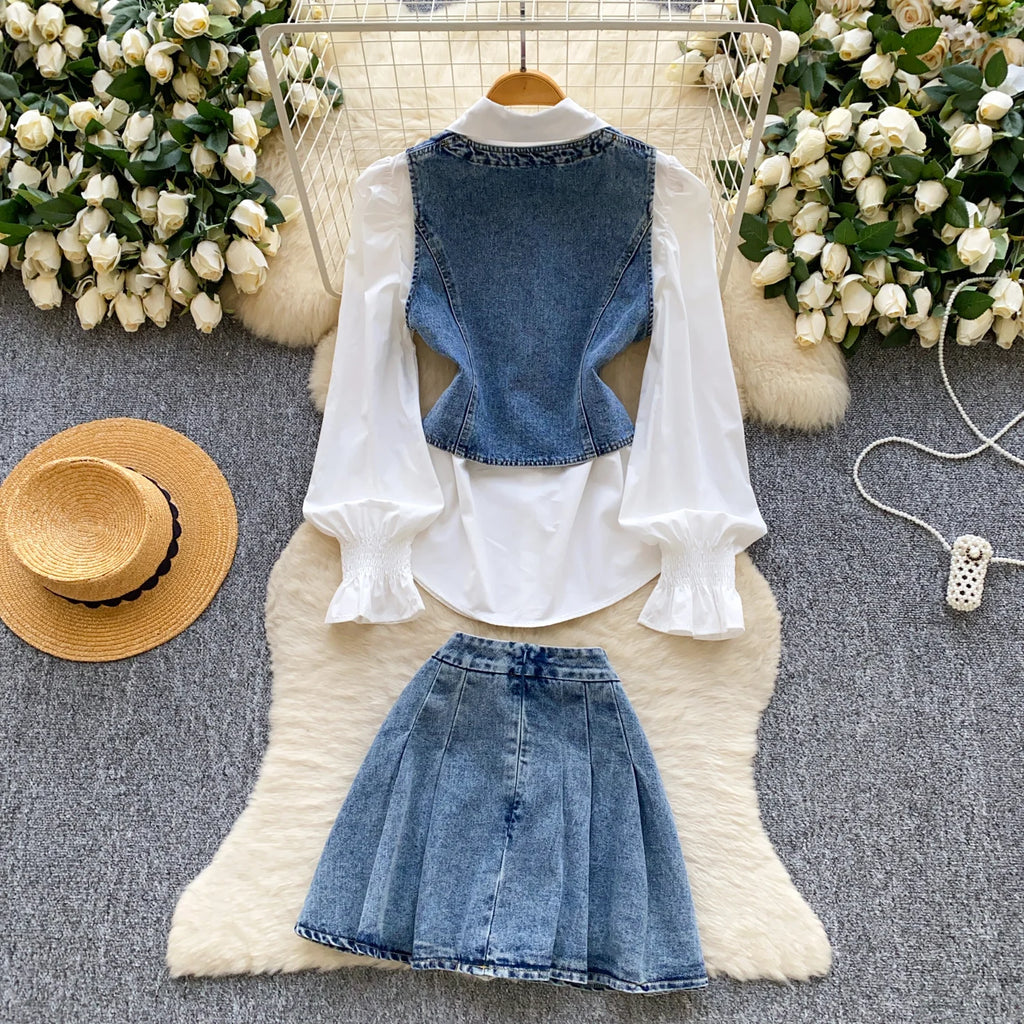 Vintage 3 Piece Set for Women Puff Sleeve Tunic Top And Denim Skirts Suit Ropa Wholesale