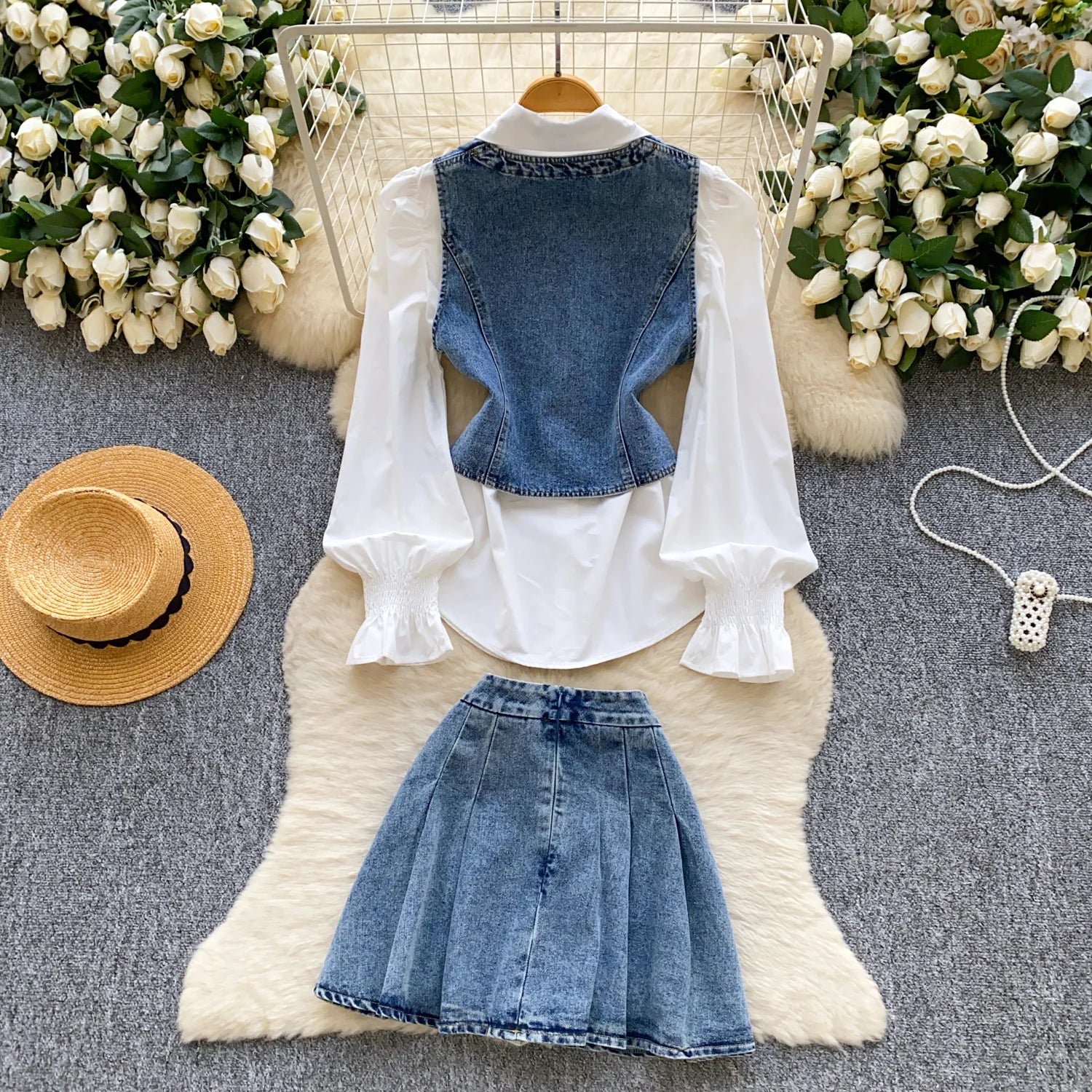 Vintage 3 Piece Set for Women Puff Sleeve Tunic Top And Denim Skirts Suit Ropa Wholesale