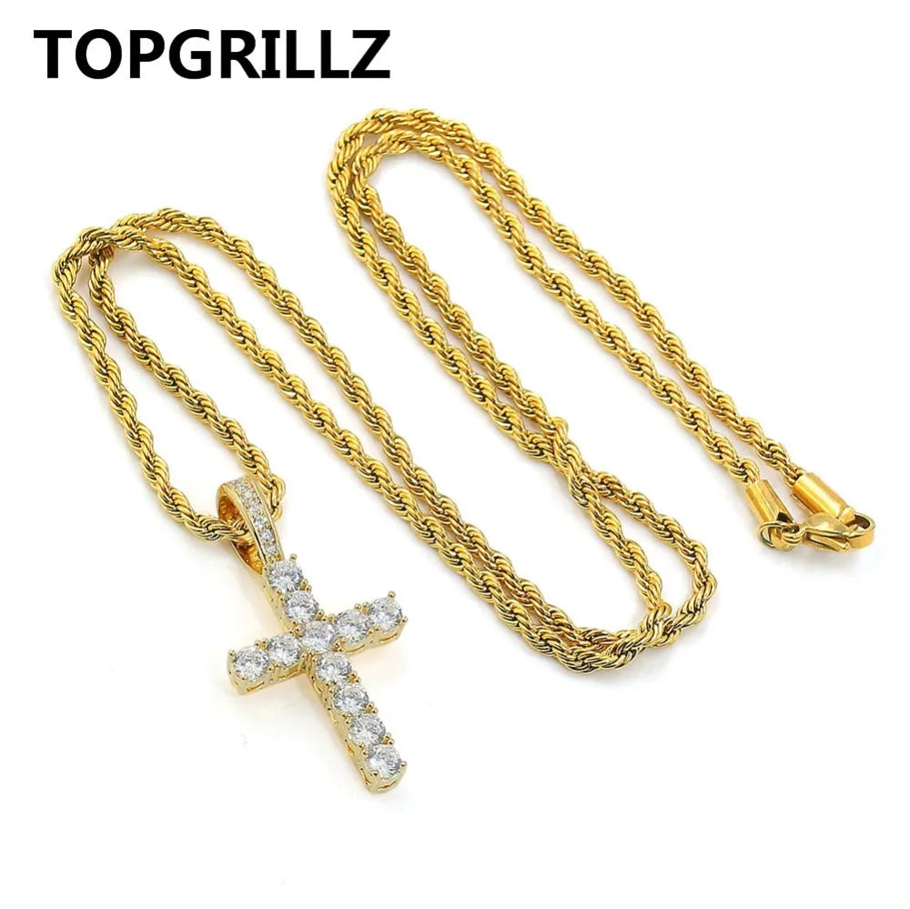 TOPGRILLZ Hip Hop Pico Harvey Cross Pendant Necklaces Micro Pave AAAA+ CZ Necklace 18'' 20'' 24" 30" Link Dropping