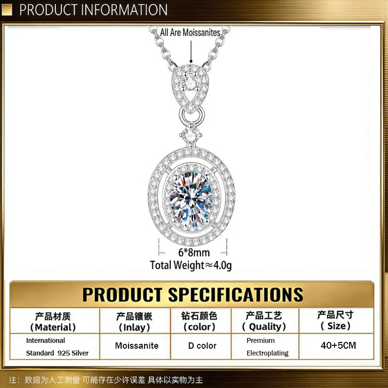 Moissanite S925 Sterling Silver Necklace Oval Pigeon Egg Gold Clavicle Chain Pendant Jewelry Accessories
