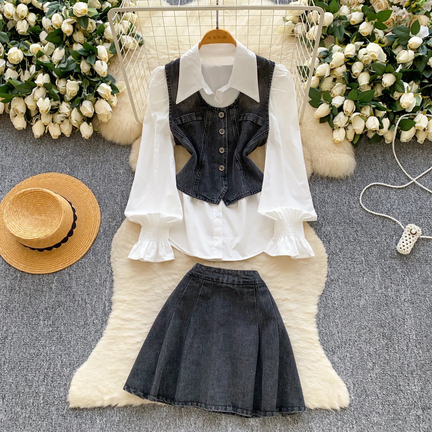 Vintage 3 Piece Set for Women Puff Sleeve Tunic Top And Denim Skirts Suit Ropa Wholesale