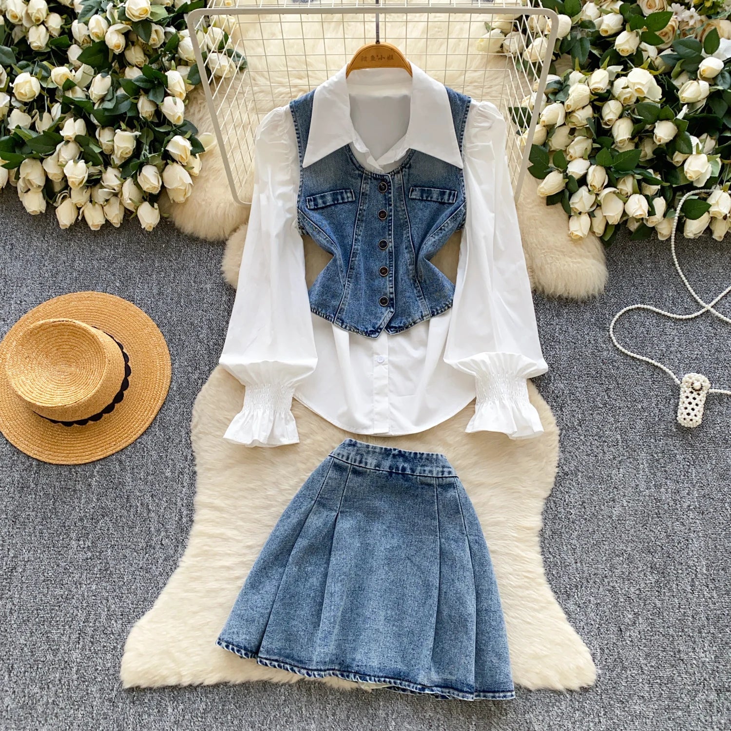Vintage 3 Piece Set for Women Puff Sleeve Tunic Top And Denim Skirts Suit Ropa Wholesale