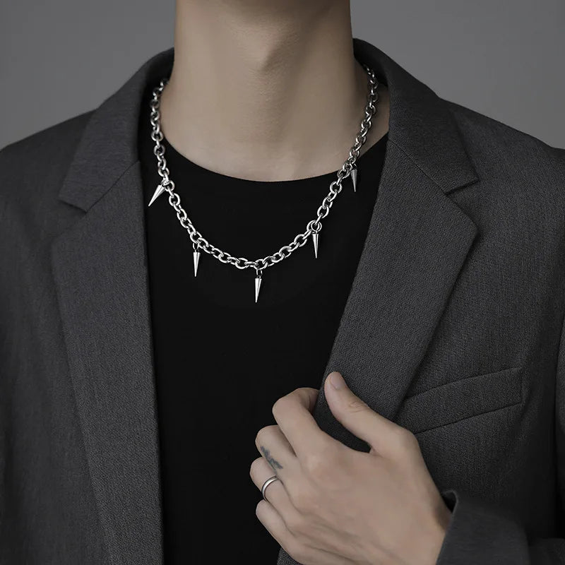 Men's Gothic Punk Style Silver Color Stainless Steel Link Chain Spike Choker Necklace Jewelry For Women