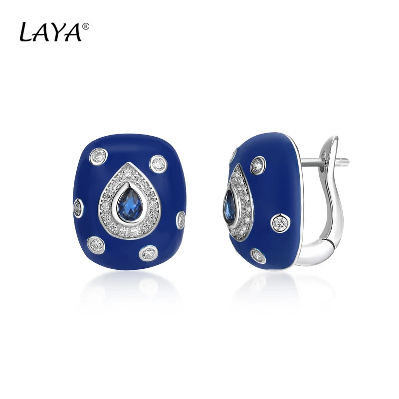 Laya 925 Sterling Silver Retro Style Shining Zircon Synthetic Crystal Blue Enamel Clip Earrings Ring Sets For Women Jewelry