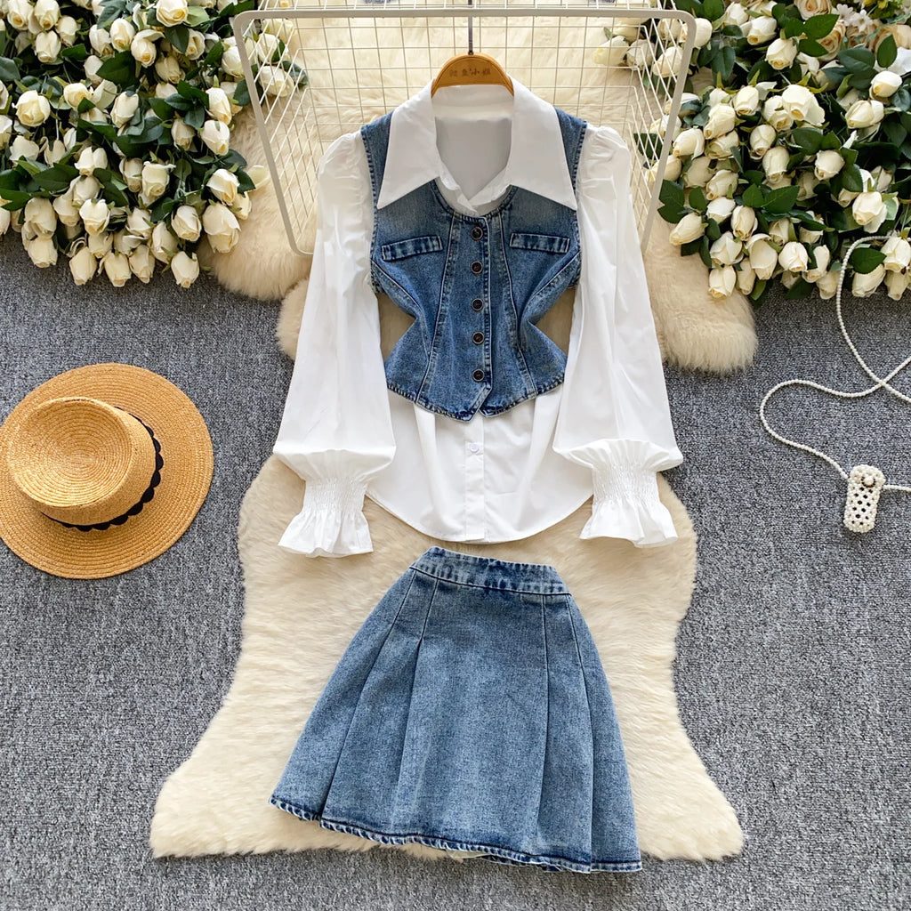 Vintage 3 Piece Set for Women Puff Sleeve Tunic Top And Denim Skirts Suit Ropa Wholesale