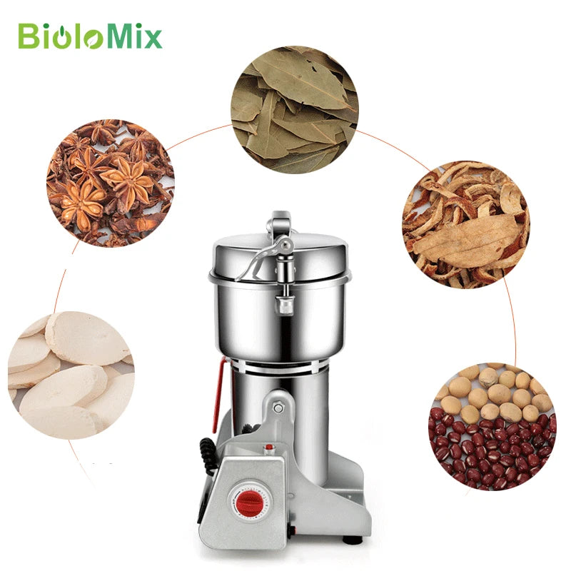 BioloMix Trockenfutter-Mühle 800g 700g - Getreide-, Gewürz-, Kräuter-, Müsli-, Kaffeemühle zum Zerkleinern von Mehl und Pulver