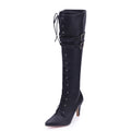 Oversized Pointed Toe Cross Lace-Up Boots Sexy Cat Heel Double Belt Buckle Motorcycle Boots Street Trend Female Knee-Length Boot