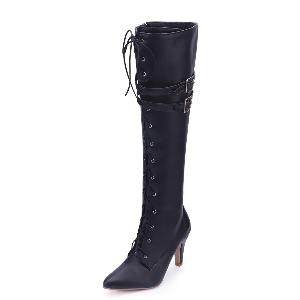 Oversized Pointed Toe Cross Lace-Up Boots Sexy Cat Heel Double Belt Buckle Motorcycle Boots Street Trend Female Knee-Length Boot