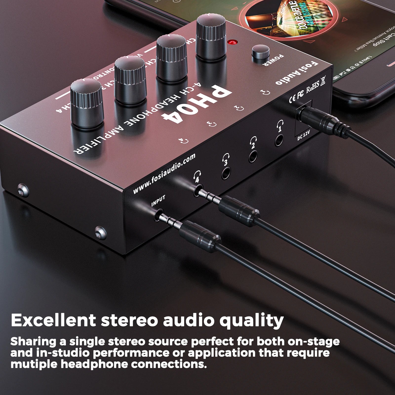 Fosi Audio PH04 4CH Headphone Amplifier Metal Stereo Audio Amp Ultra-Compact Portable Headphone Splitter Preamplifier for Studio