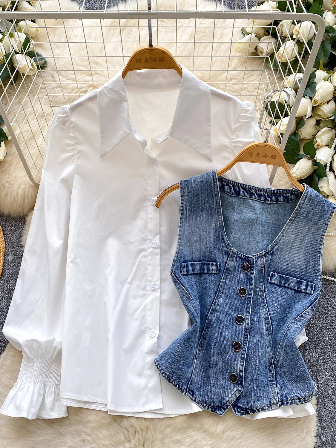 Vintage 3 Piece Set for Women Puff Sleeve Tunic Top And Denim Skirts Suit Ropa Wholesale