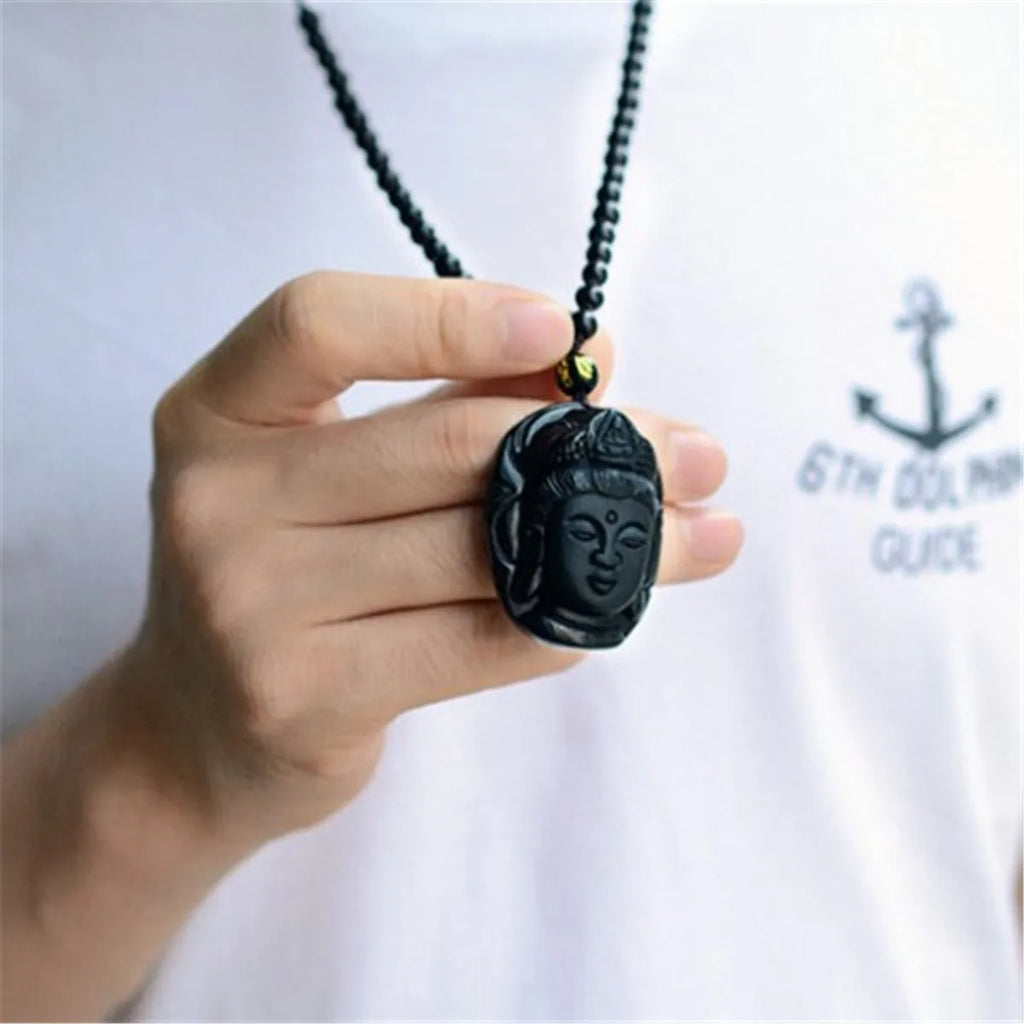 Natürlicher schwarzer Obsidian geschnitzter Jade Guanyin Buddha Kopf Glücksbringer Talisman Halsketten-Anhänger Geschenk