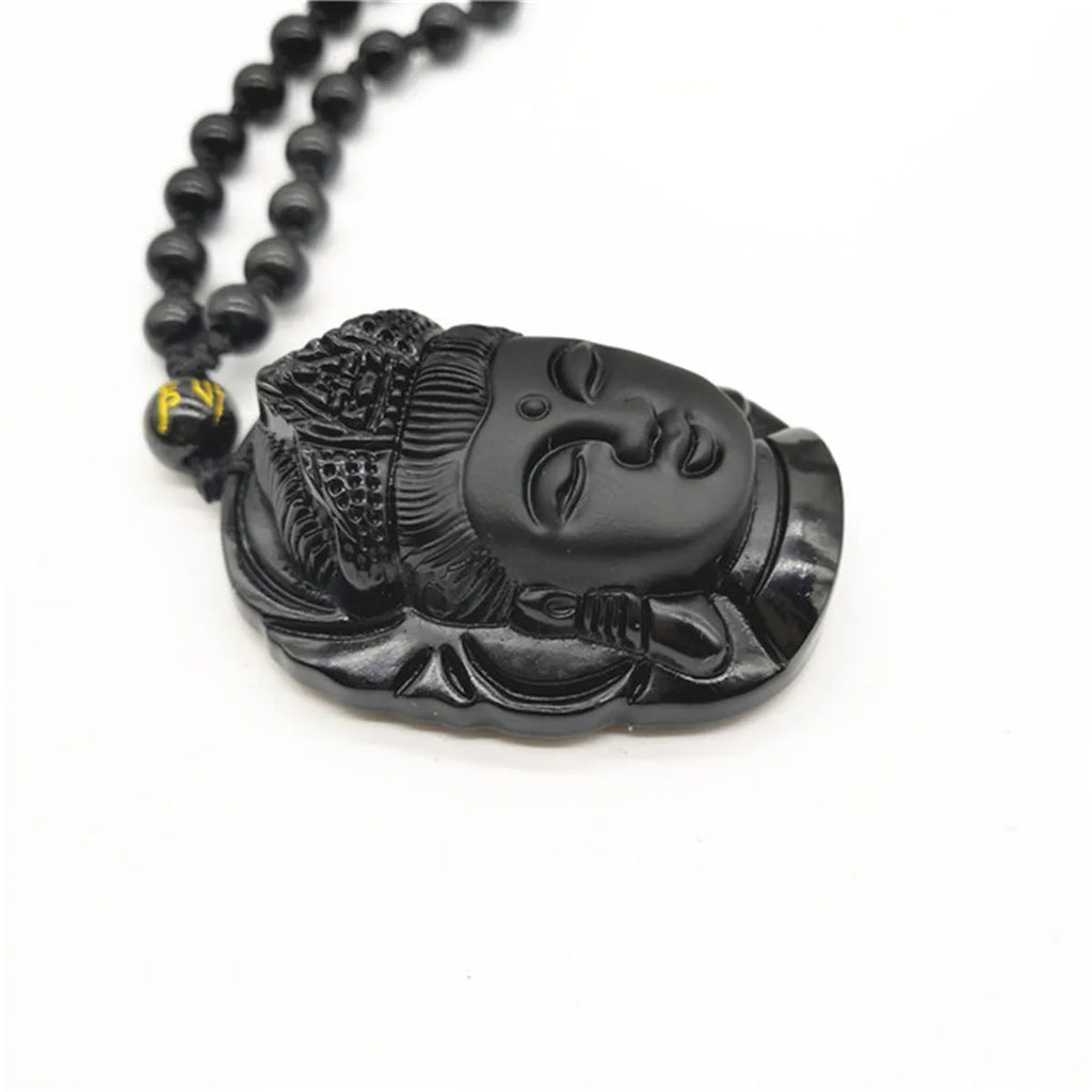 Natürlicher schwarzer Obsidian geschnitzter Jade Guanyin Buddha Kopf Glücksbringer Talisman Halsketten-Anhänger Geschenk