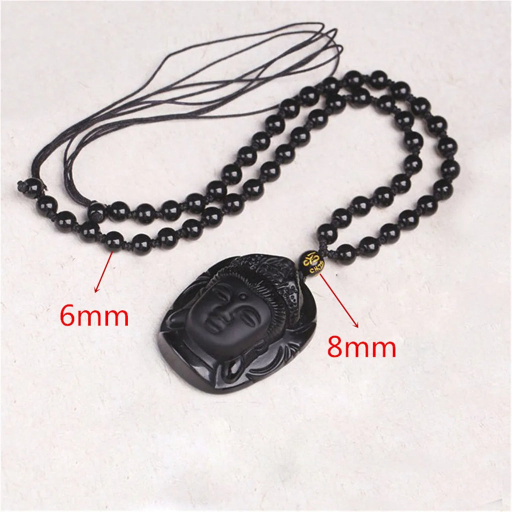 Natürlicher schwarzer Obsidian geschnitzter Jade Guanyin Buddha Kopf Glücksbringer Talisman Halsketten-Anhänger Geschenk
