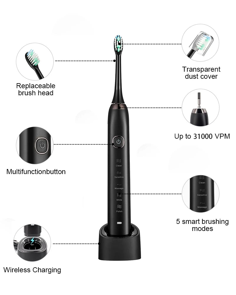 2025 Hot Selling IPX7 Waterproof Sonic Electric Toothbrush Portable Wireless Automatic Medium Cleaning for Home & Hotels