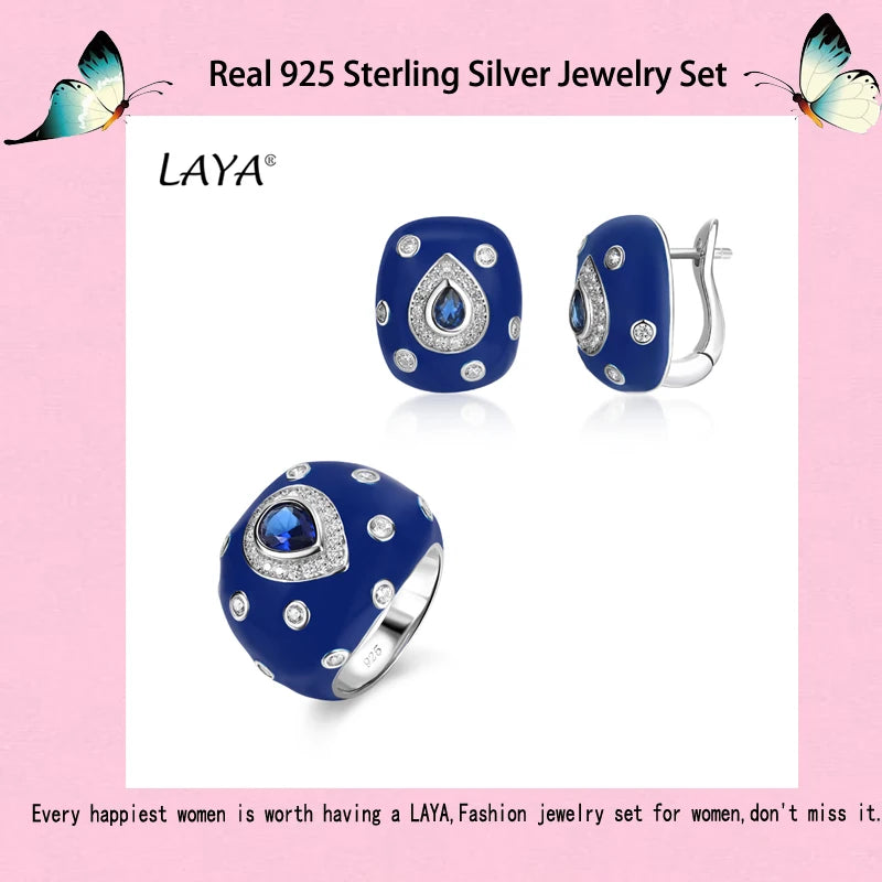 Laya 925 Sterling Silver Retro Style Shining Zircon Synthetic Crystal Blue Enamel Clip Earrings Ring Sets For Women Jewelry