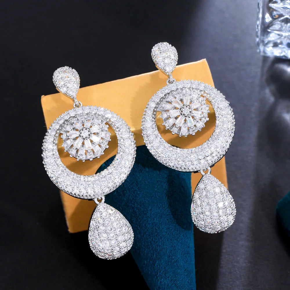 2023 New Dangle Water Droplets Silver Platinum Cubic Zircon Oversized Large Long Wedding Earrings for Brides African CZ Jewelry