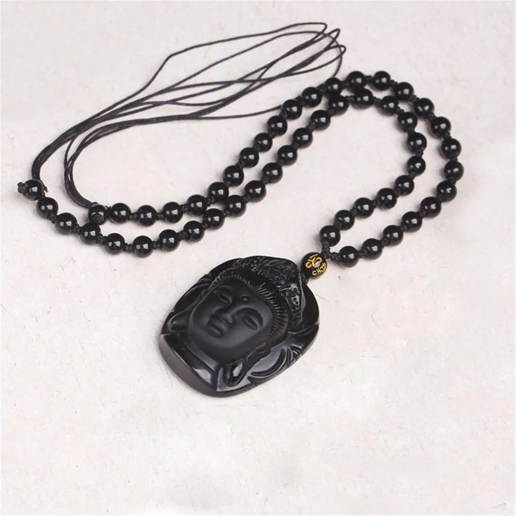 Natürlicher schwarzer Obsidian geschnitzter Jade Guanyin Buddha Kopf Glücksbringer Talisman Halsketten-Anhänger Geschenk