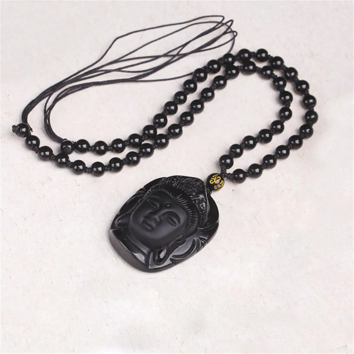 Natural Black Obsidian Carved Jade Guanyin Buddha Head Lucky Amulet Talismans Necklace Pendant Gift