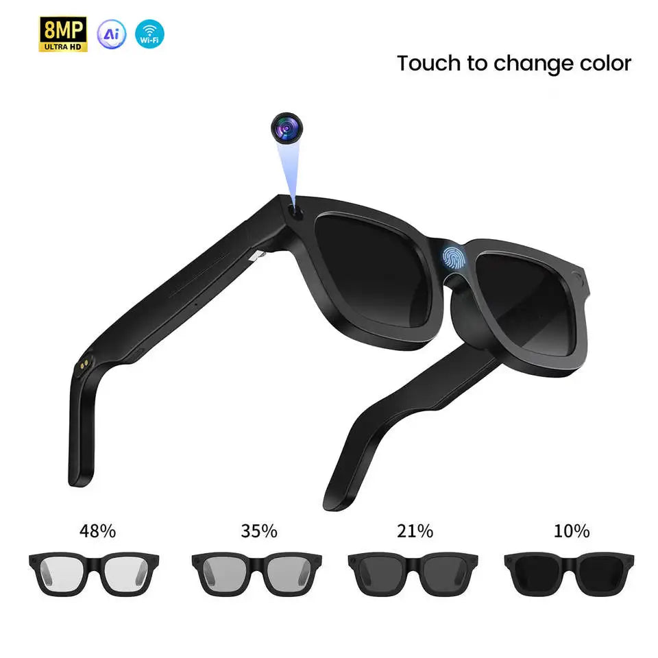 E02C Touch Sensitive Color Changing Smart Glasses 8MP Camera Call Playing Music Real-time Translation Magnetic Charging Glasses