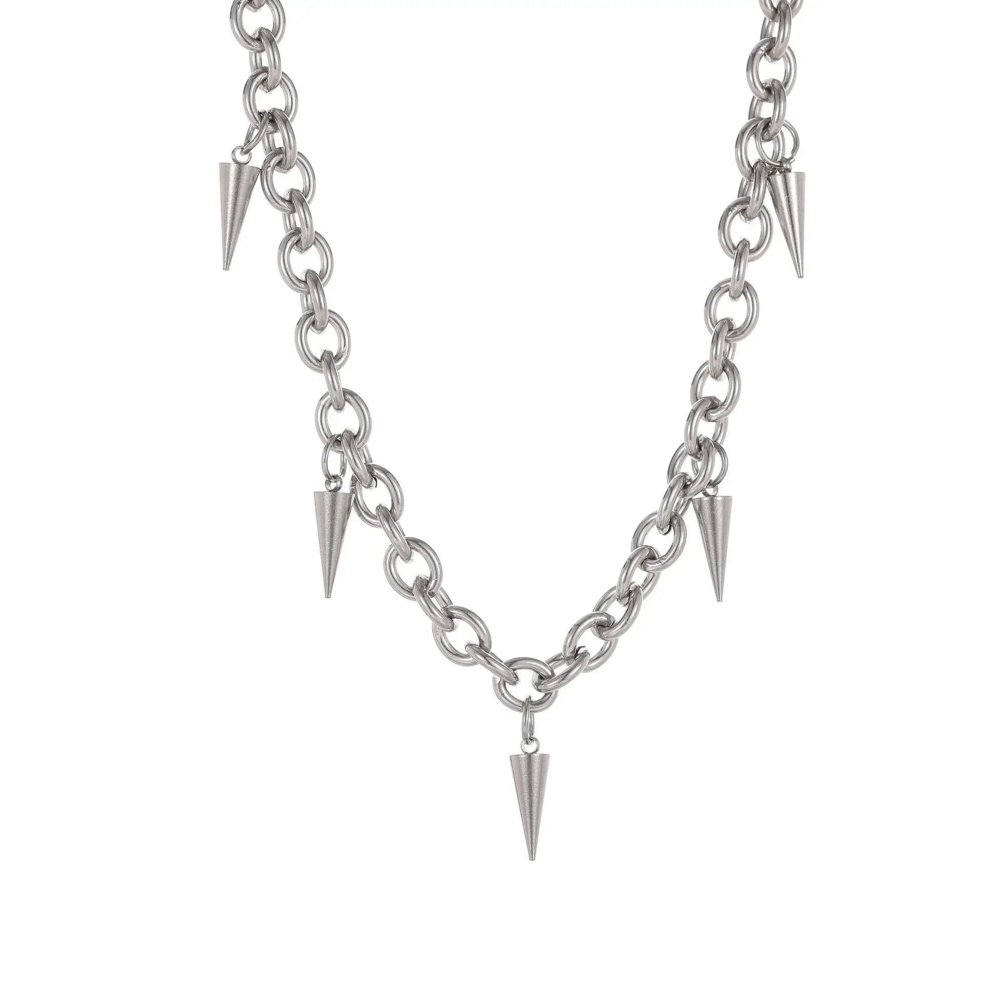 Men's Gothic Punk Style Silver Color Stainless Steel Link Chain Spike Choker Necklace Jewelry For Women
