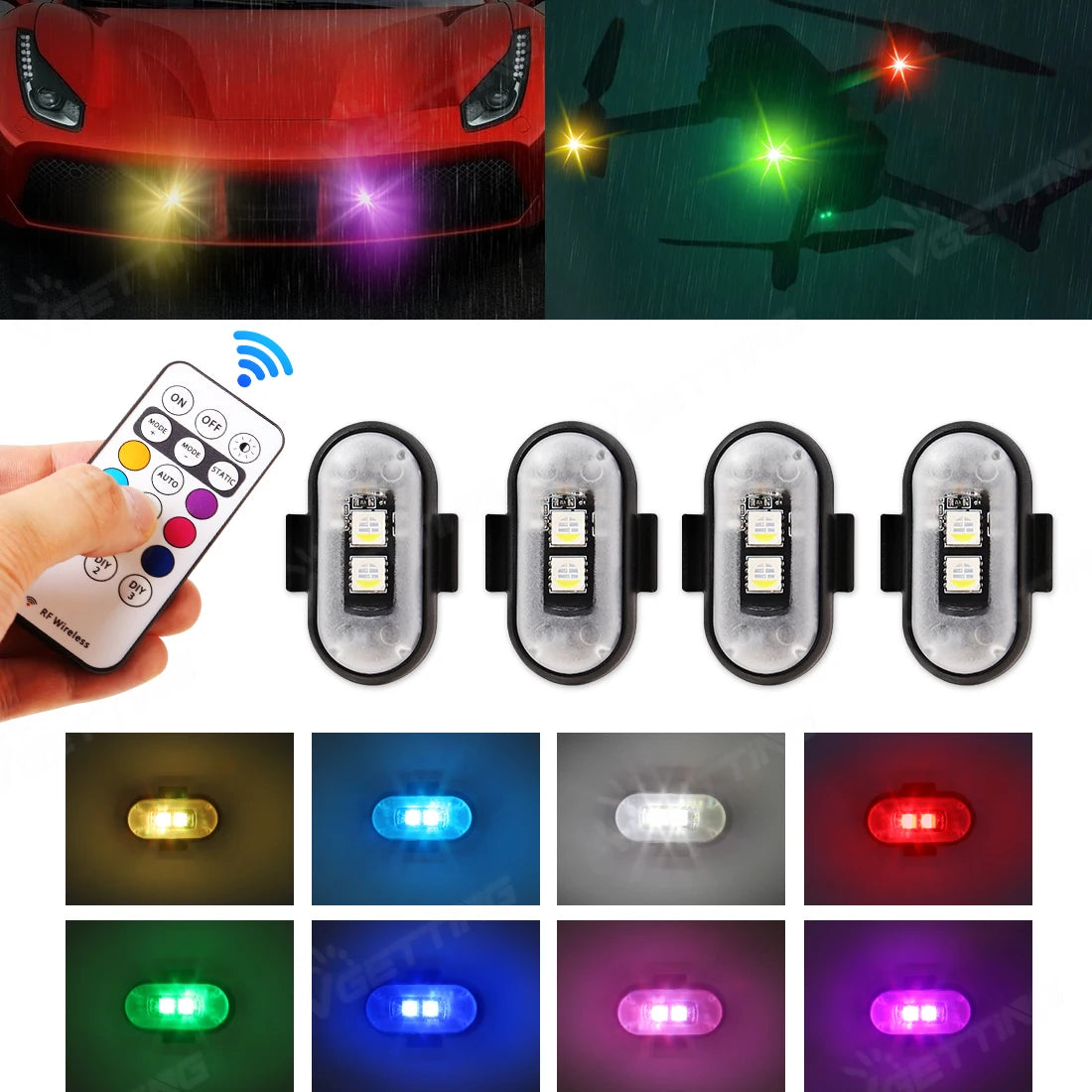 Wireless LED Strobe Lights for Car Motorcycle Drone Aircraft Bike with Remote Control 8 Colors USB Charing LED Warning Light