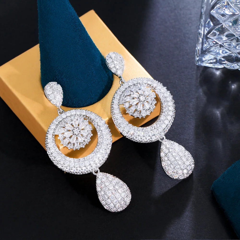 2023 New Dangle Water Droplets Silver Platinum Cubic Zircon Oversized Large Long Wedding Earrings for Brides African CZ Jewelry