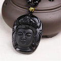 Natürlicher schwarzer Obsidian geschnitzter Jade Guanyin Buddha Kopf Glücksbringer Talisman Halsketten-Anhänger Geschenk
