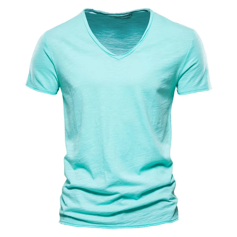 AIOPESON100% Cotton Men T-shirt V-neck Fashion Design Slim Fit Soild T-shirts Male Tops Tees Short Sleeve T Shirt O-neck For Men