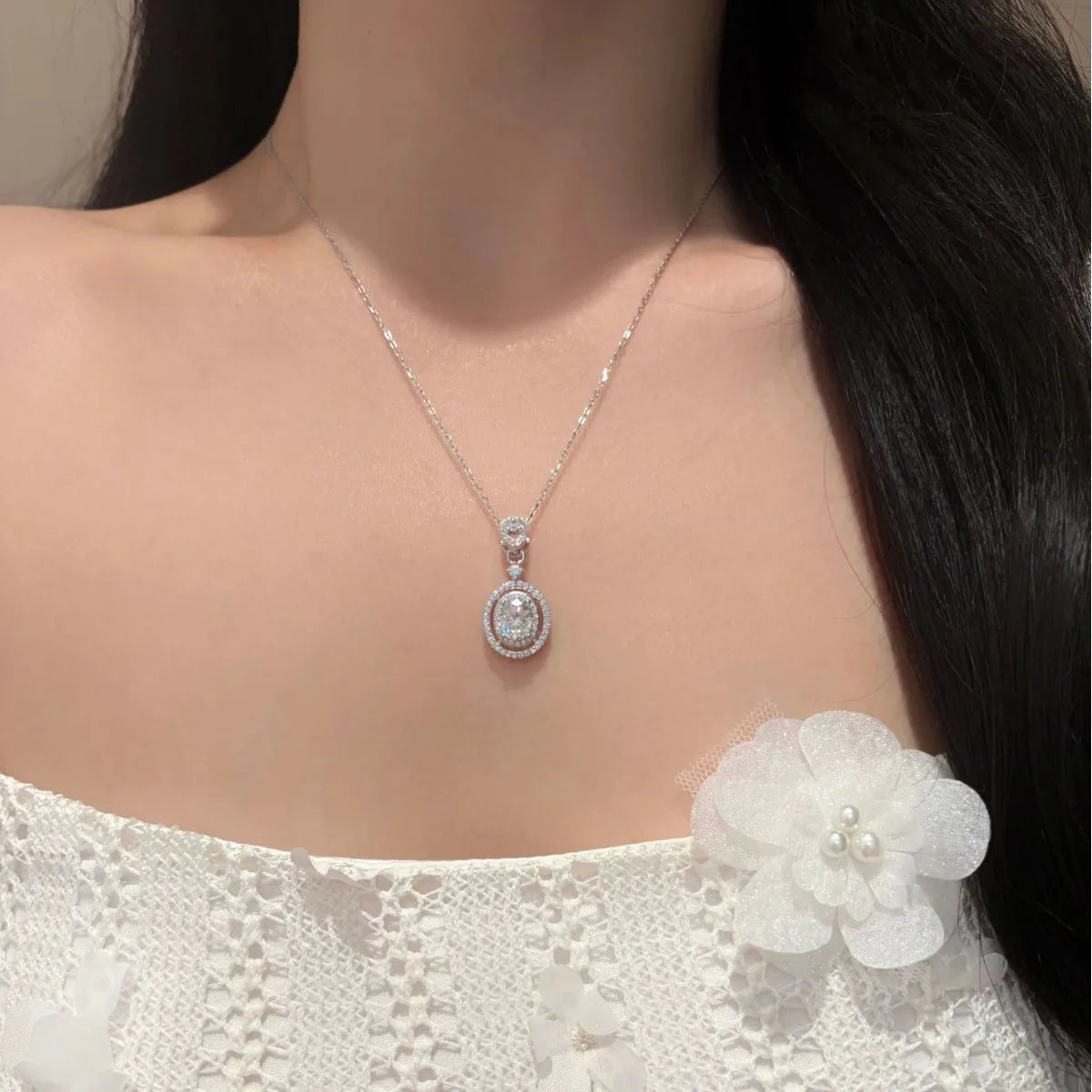 Moissanite S925 Sterling Silver Necklace Oval Pigeon Egg Gold Clavicle Chain Pendant Jewelry Accessories