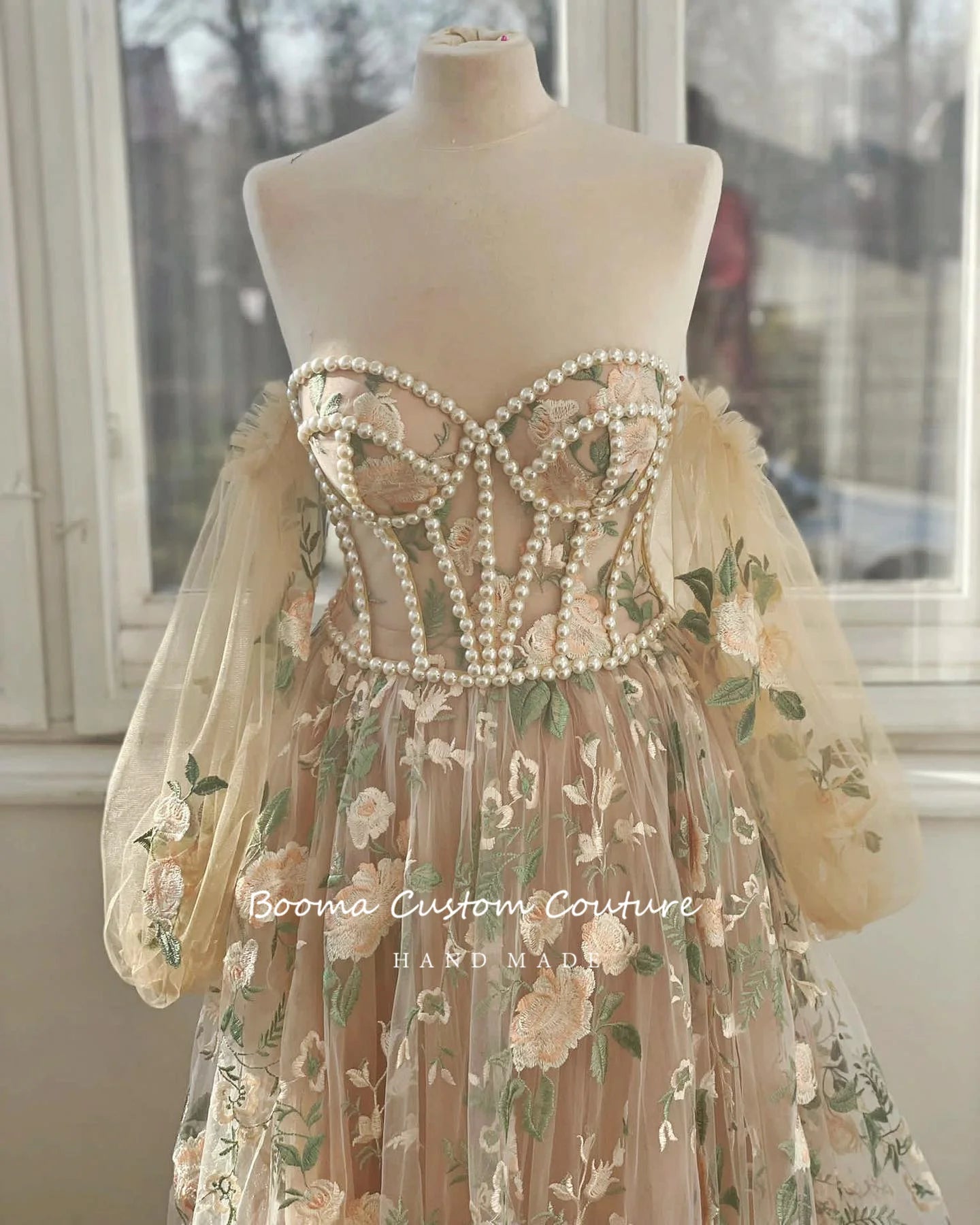 Booma Beige Embroidery Lace A-Line Prom Dresses Sweetheart Puff Sleeves Pearls Corset Lace Up Formal Party Gowns Customized