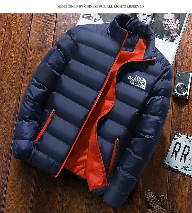 2024 men's trendy casual wear new warm parka winter coat solid color stand up collar zipper windproof cotton printed jacket