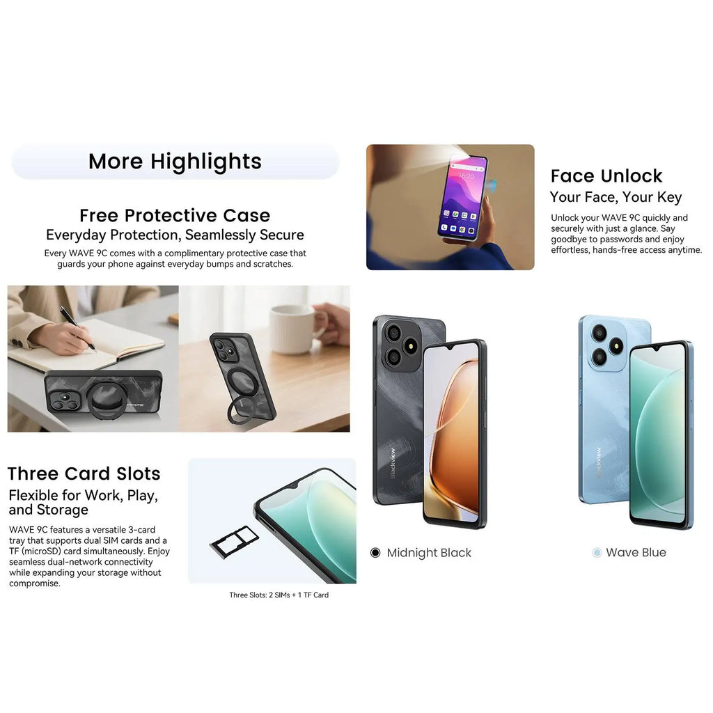 Blackview WAVE 9C Smartphone 4GB+128GB 6.56'' Android 15 Unisoc T603 5000mAh 13MP Camera 4G Cellphone