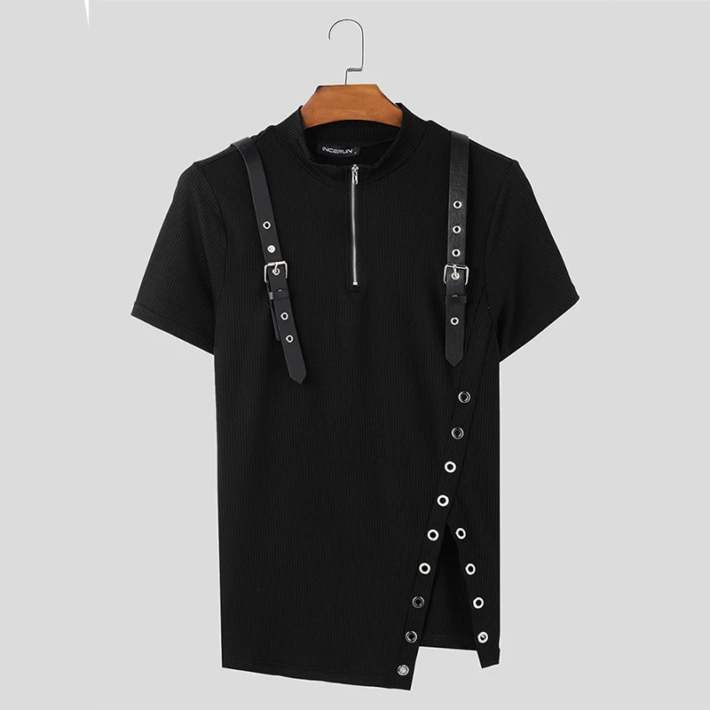 Men T Shirt Patchwork V Neck Short Sleeve Streetwear Zipper Split Men Clothing Summer 2025 Fashion Camisetas Tee Tops INCERUN