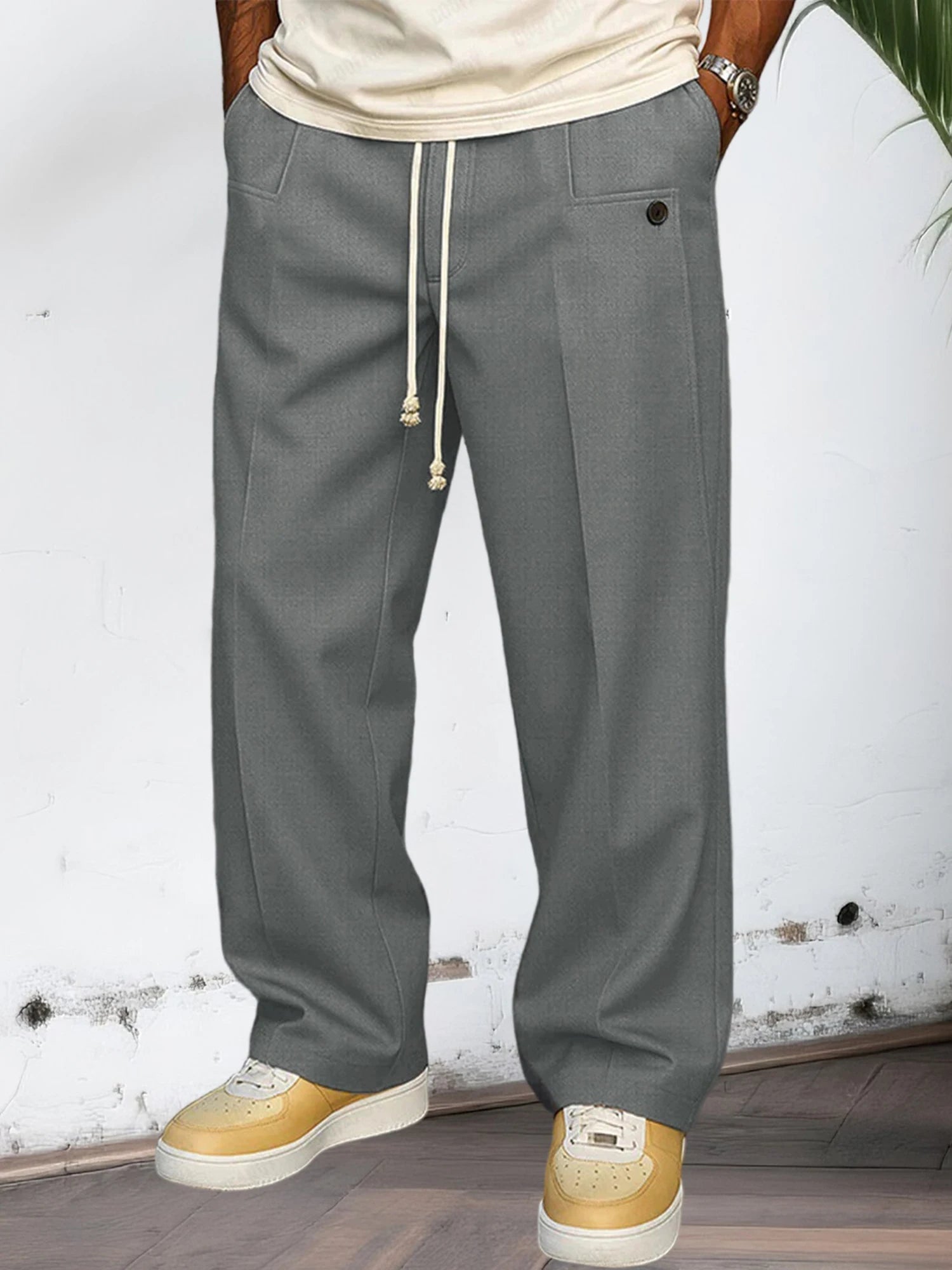 Men s Elastic Waist Jogger Pants with Side Pockets Comfortable Solid Color Casual Mid Rise  Fit Trousers