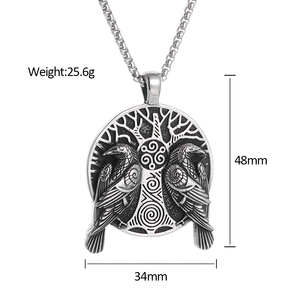 Fashion Vintage Viking Odin Double Ravens Necklace Stainless Steel Nordic Tree of Life Pendant for Men Amulet Jewelry Wholesale