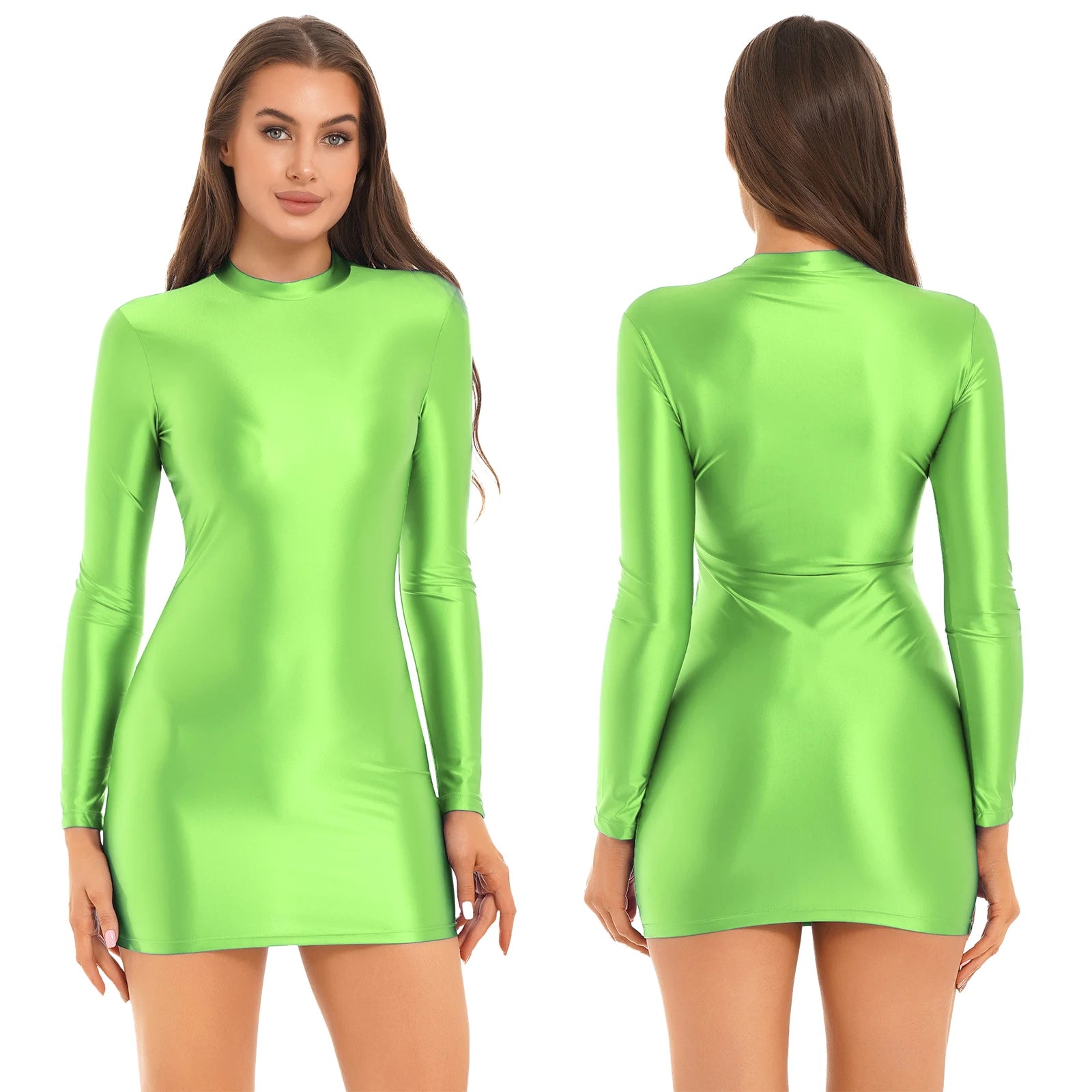 Women Glossy Bodycon Dress Long Sleeve Oil Shiny Smooth Mini Pencil Dress Stretchy Mock Neck Tight  Party Dresses Dance Clubwear