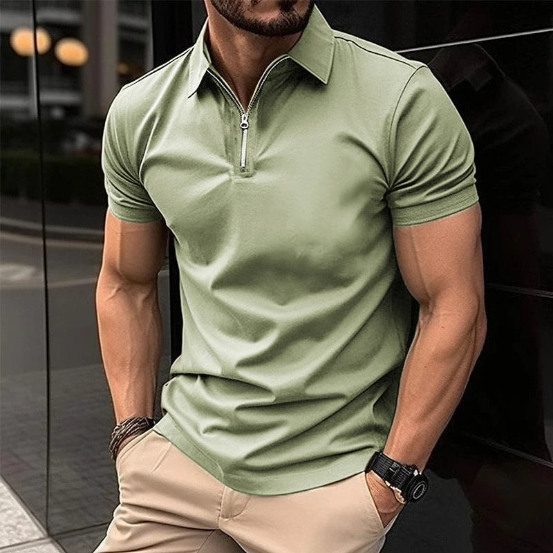 Men's Solid Color Polo Shirt Short Sleeve Zipper Collar Tshirts &for Men Summer Turn-Down Streetwear New Male Jogger Tops