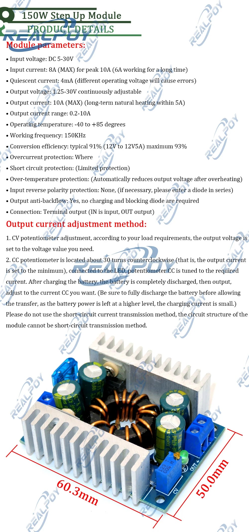 DC/DC Boost Converter 8-32V 12v Step-up to 24v 9-46V 150W 8A Power Supply Module