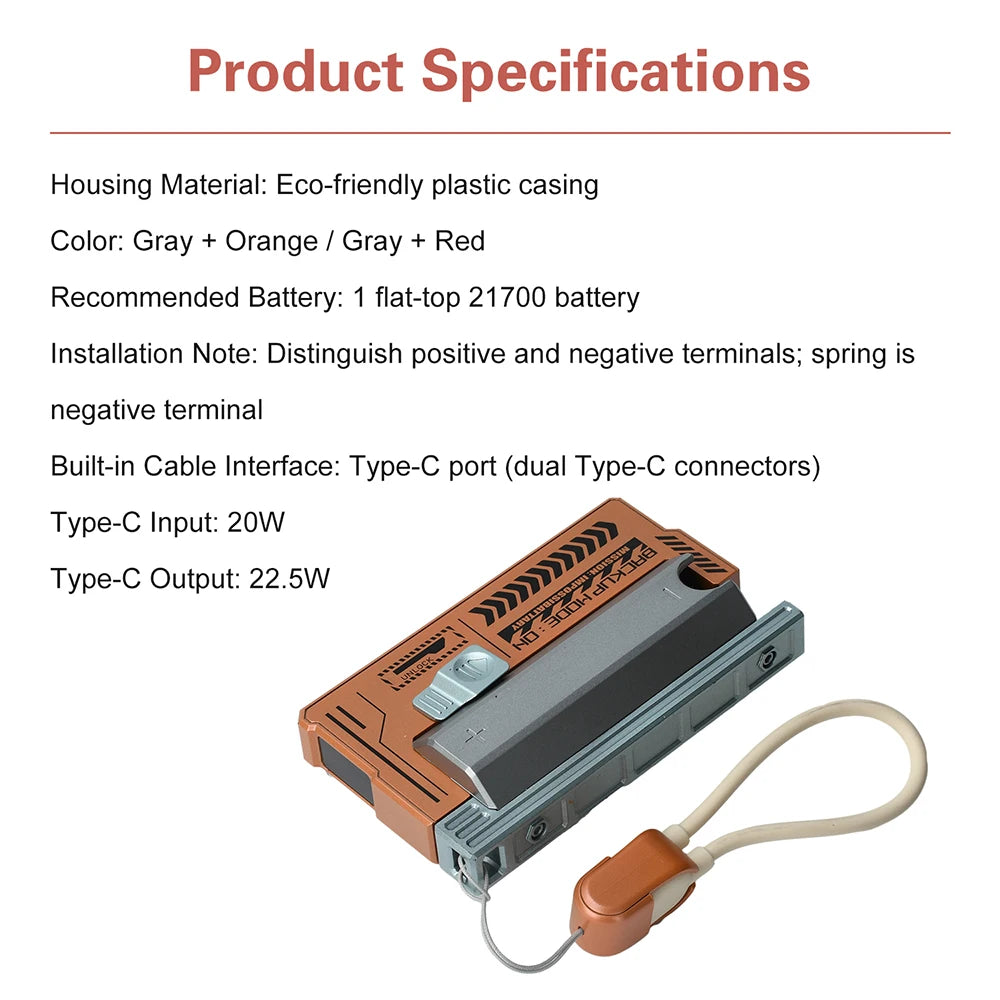 21700 Battery Holder Power Bank Case PD 20W Fast Charging Built-in Cable Detachable Power Bank DIY Battery Case
