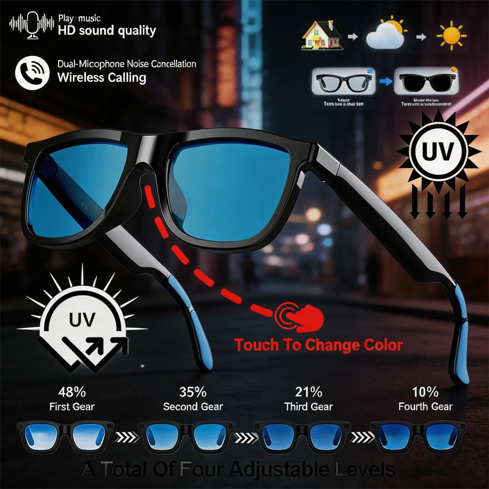 New Smart Audio Glasses Touch Control Color Changing Lens Dual Microphone Noise Reduction Super Clear Sound Bluetooth Sunglasses