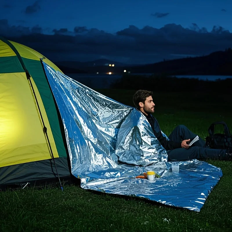 Outdoor emergency silver survival blanket with lightweight aluminum foil insulation suitable for camping hiking, and evacuation