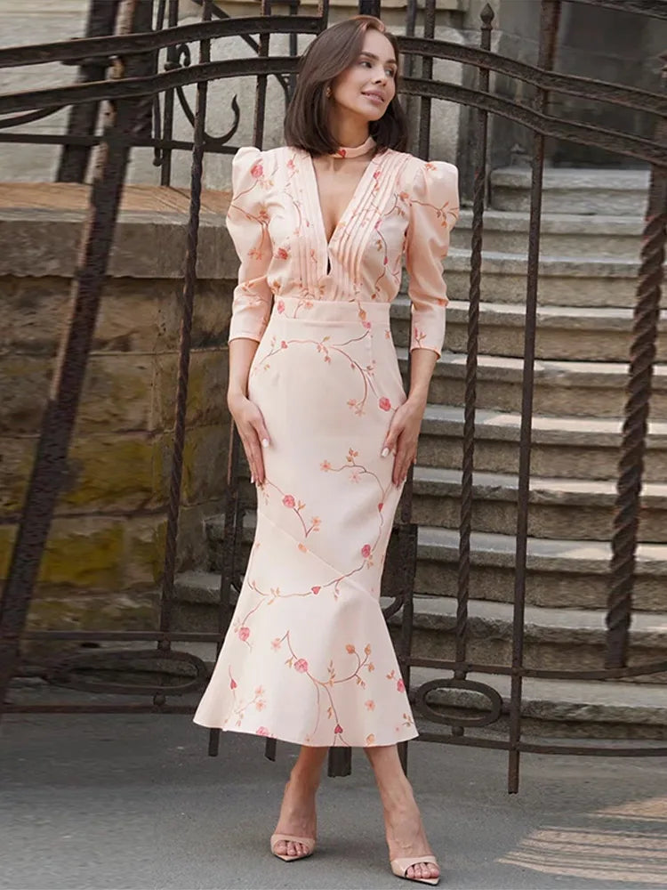 Sexy Print Deep V-neck Midi Dress Women Pleat Slim Puff Half Sleeve Party Holiday Dresses 2025 Summer Lady High Waist Robes