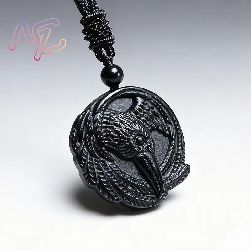 Real Obsidian Crow Pendant Necklace Fashion Gemstone Amulet Accessories Carved Men Natural Jewelry Gift Luxury Talismans