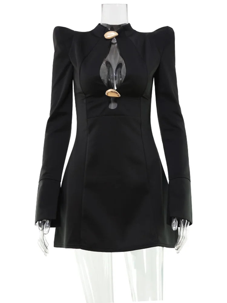 Ahagaga Elegant Women's Mini Dresses Solid Sexy Bodycon Slim Fit Hollow Out Regular Long Flare Sleeve A Line Trend Casual Female